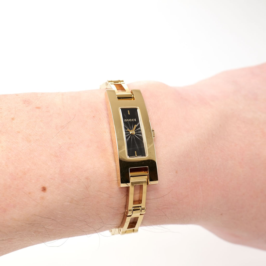 Gucci 3900L Black Guilloche Dial Gold Bracelet Watch Rectangular on the wrist