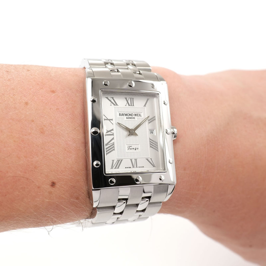 Raymond Weil Tango 5381 Silver Roman Numeral Rectangular on the wrist