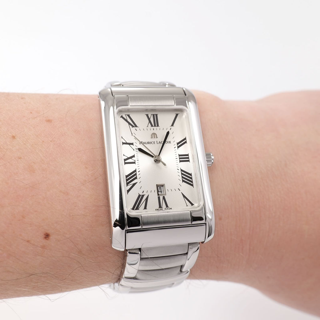 Maurice Lacroix Miros 89746 Silver Rectangular watch on the wrist