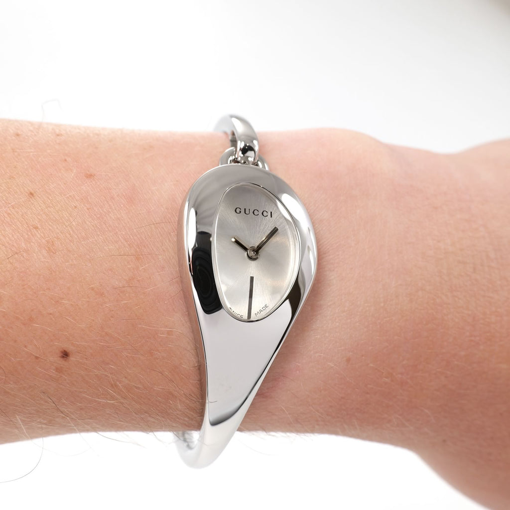 Gucci Horsebit 103 Silver Sunburst Dial bangle ladies watch on the wrist