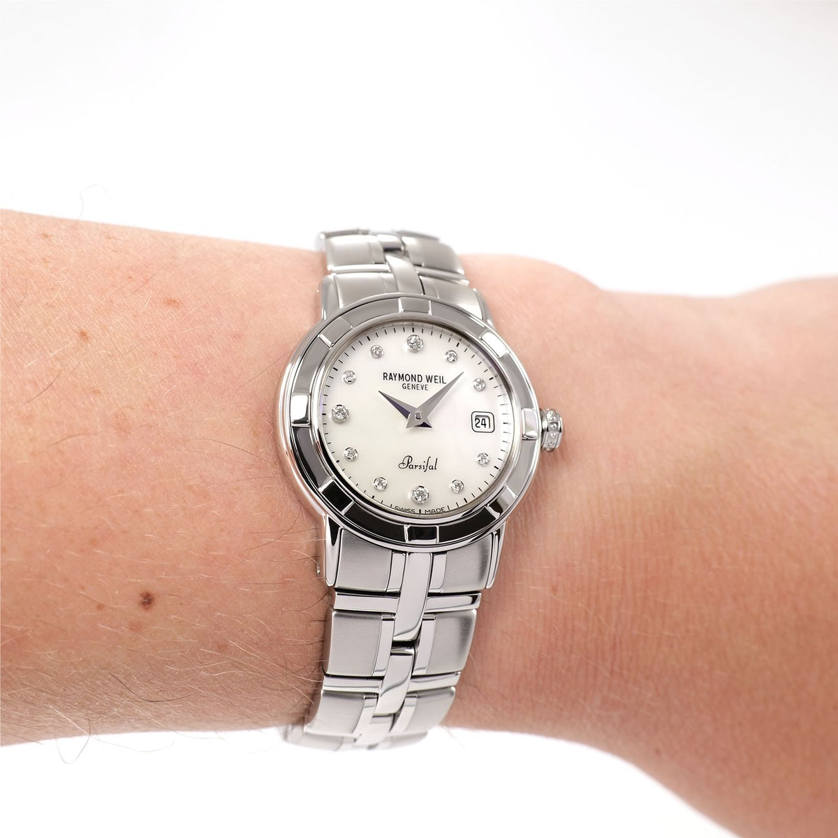 Raymond Weil Parsifal 9441 Ladies White Mother of Pearl watch on the wrist