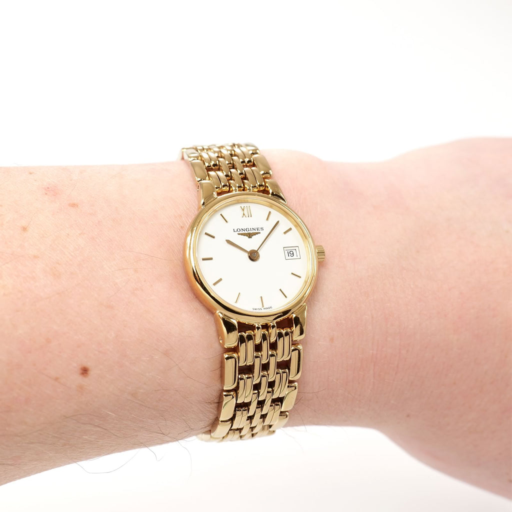Longines La Grande Classique Elegance L5.132.2 White Dial Gold PVD watch on the wrist