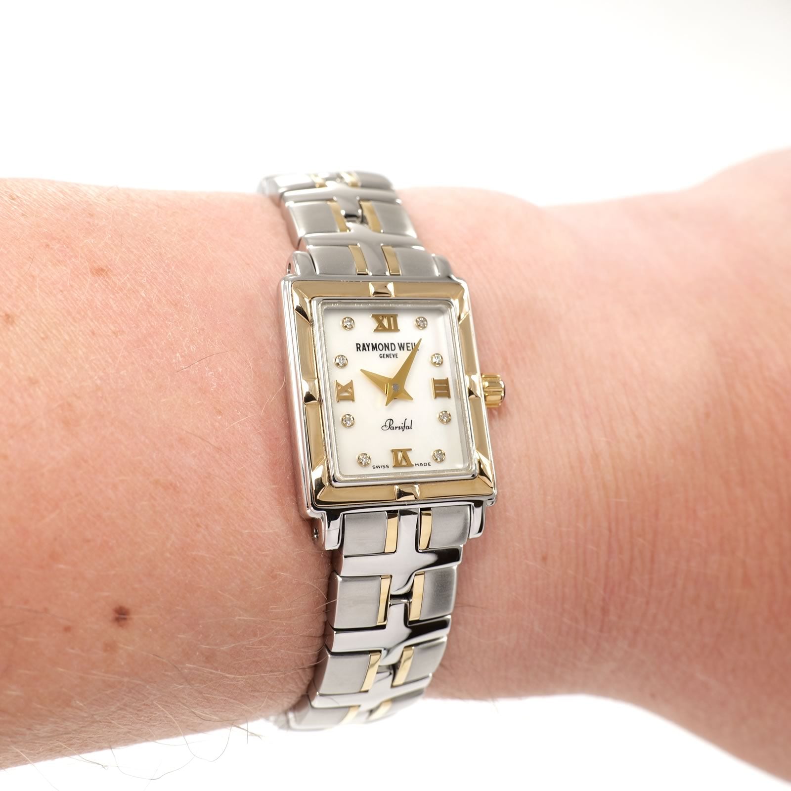 Raymond Weil Parsifal 9630 White Mother of Pearl Dial ladies watch on the wrist