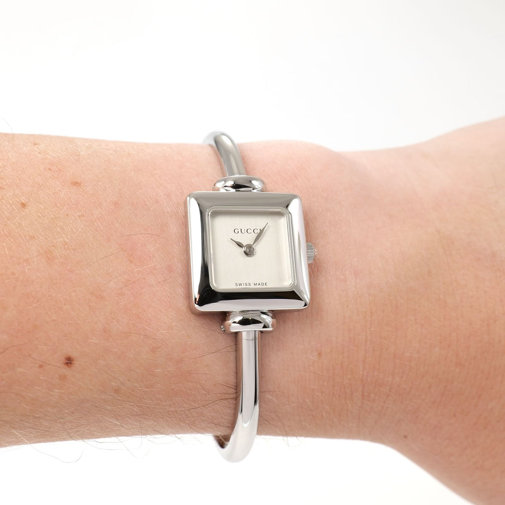 Gucci 1900L Ladies Silver Dial Square Watch on the wrist