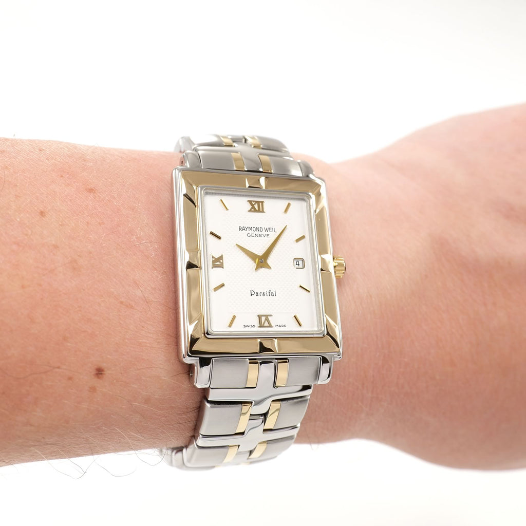 Raymond Weil Parsifal 9330 Men's White Rectangular two tone watch on the wrist
