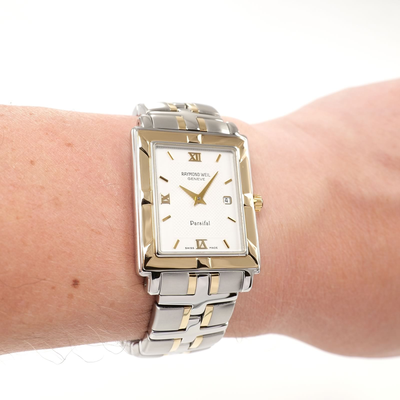 Raymond Weil Parsifal 9330 Men's White Rectangular two tone watch on the wrist