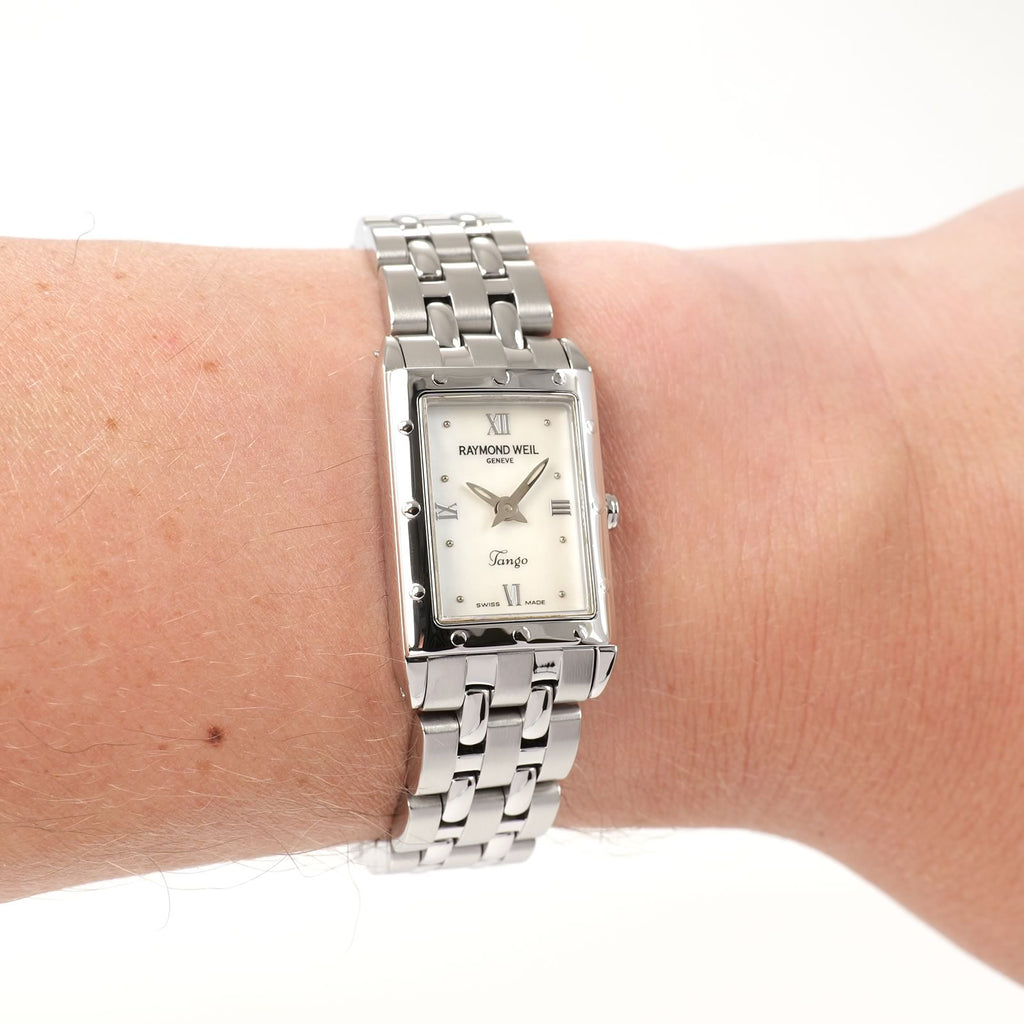 Raymond Weil Tango 5971 Ladies Mother of Pearl Rectangular watch on the wrist