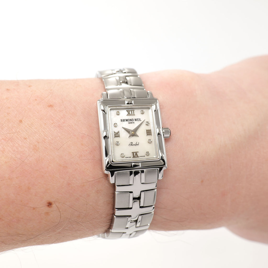 Raymond Weil Parsifal 9631 White Mother of Pearl rectangular watch on the wrist
