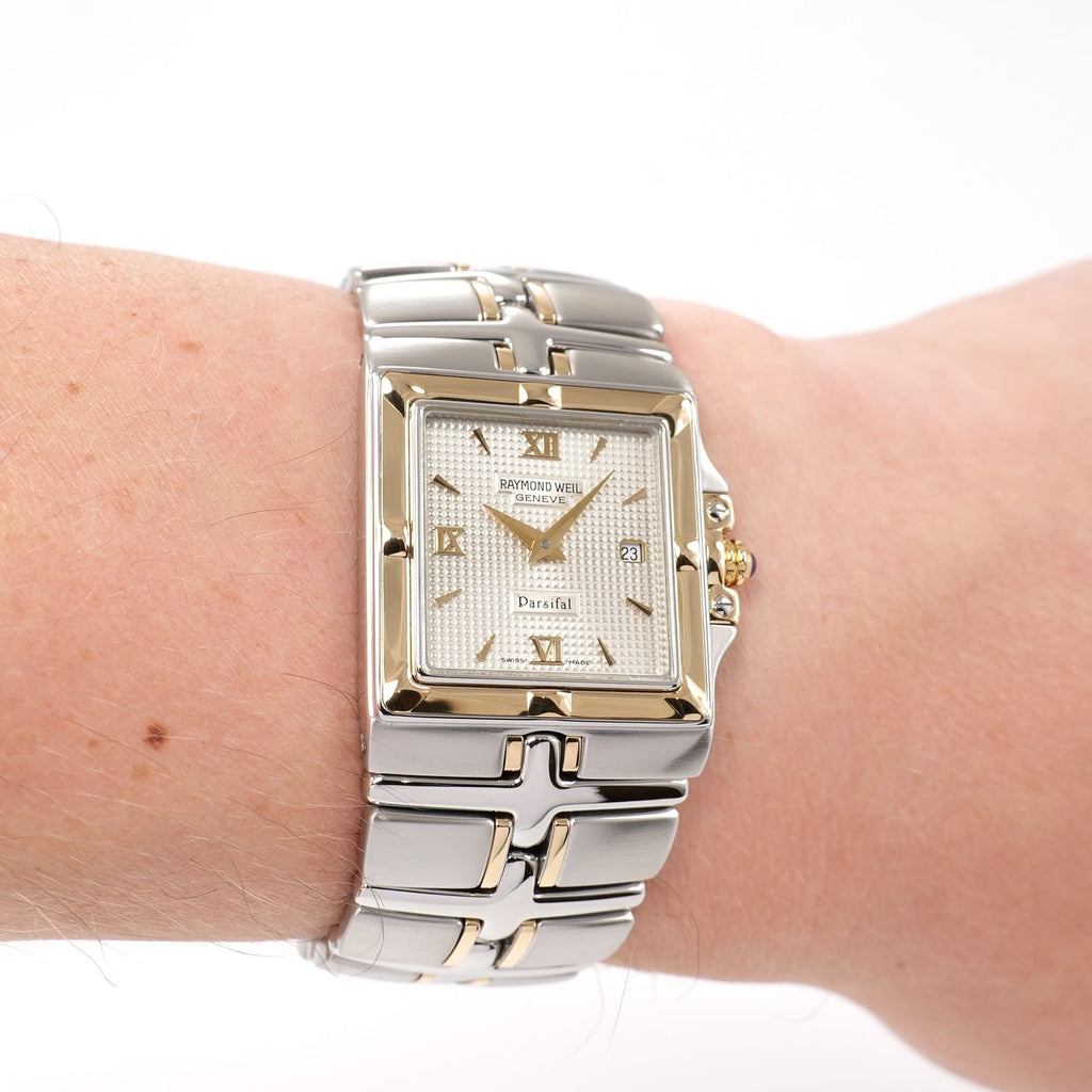 Raymond Weil Parsifal 9390 Men's silver square dial watch with 18k gold on the wrist