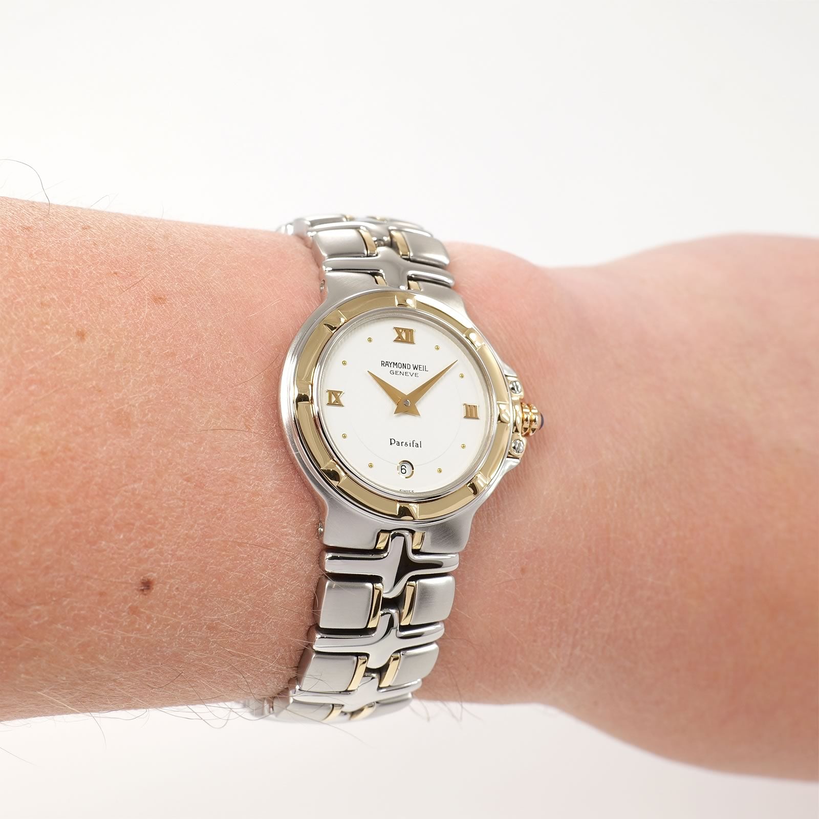 Raymond Weil Parsifal 9990 Ladies White Dial Two Tone watch on the wrist