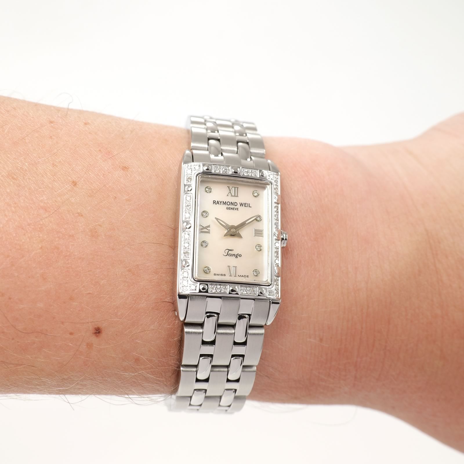 Raymond Weil Tango 5971 Ladies White Mother of Pearl dial watch on the wrist