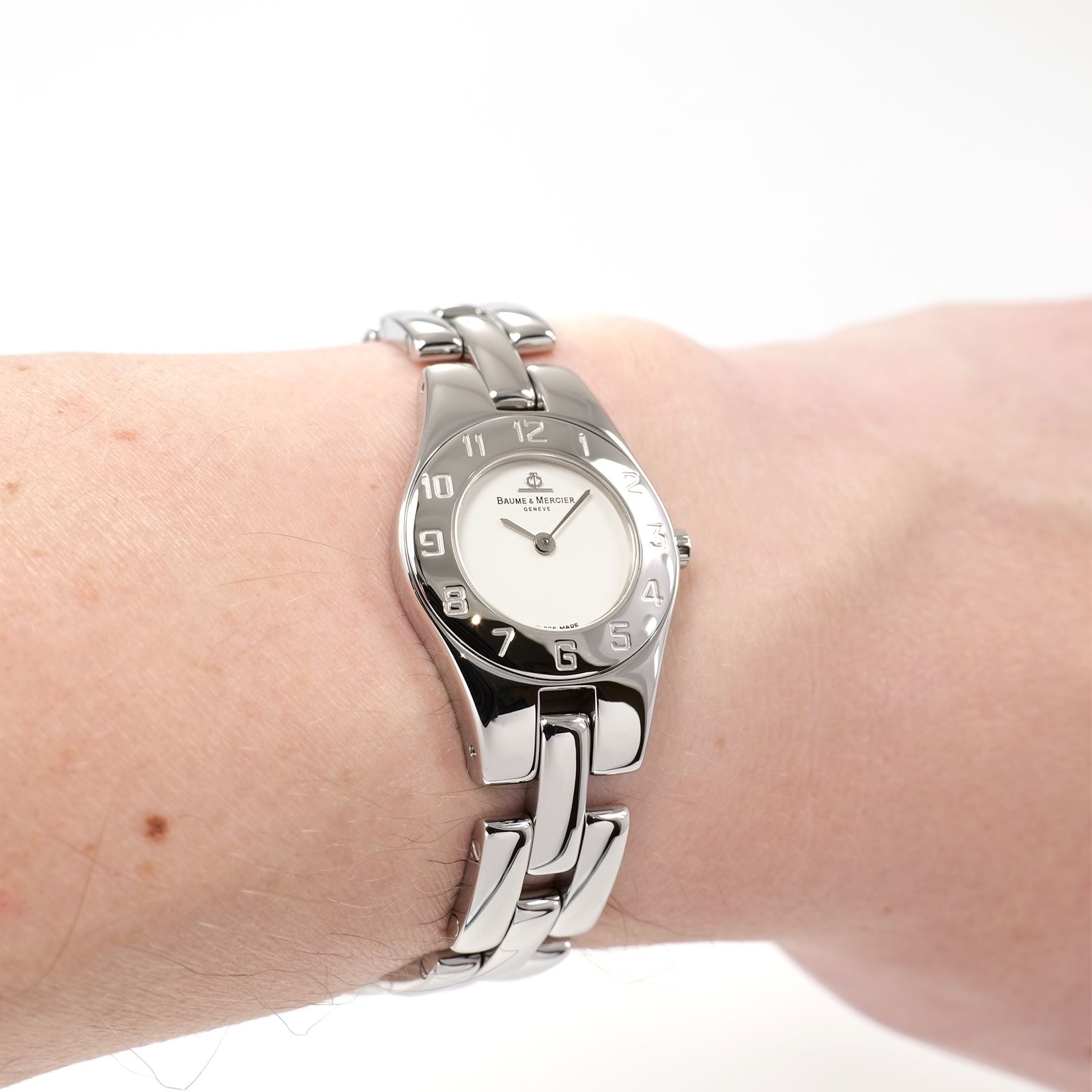 Baume & Mercier Linea MV045204 Ladies  White Dial Arabic Numeral Bezel watch on the wrist