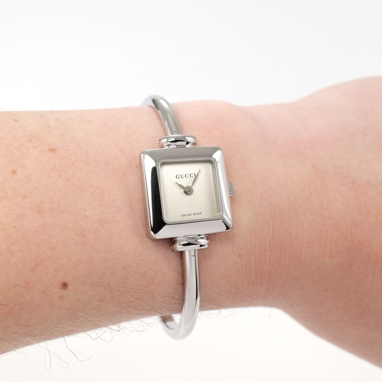 Gucci 1900L Silver Dial Square Ladies Watch on the wrist