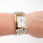 Raymond Weil Tango 5381 Men's White Dial two tone rectangular watch on the wrist