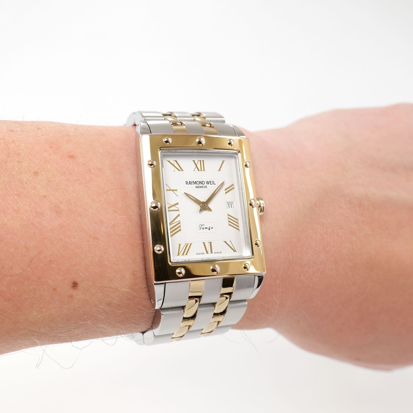Raymond Weil Tango 5381 Men's White Dial two tone rectangular watch on the wrist