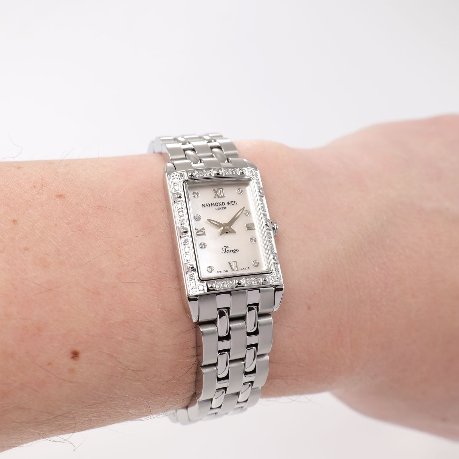 Raymond Weil Tango 5971 White Mother of Pearl rectangular watch on the wrist