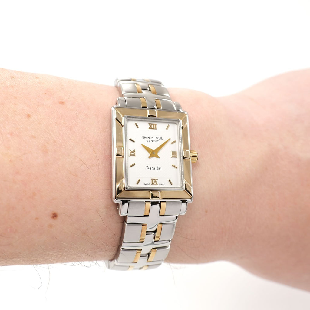 Raymond Weil Parsifal 9730 White Dial with 18k Gold watch on the wrist