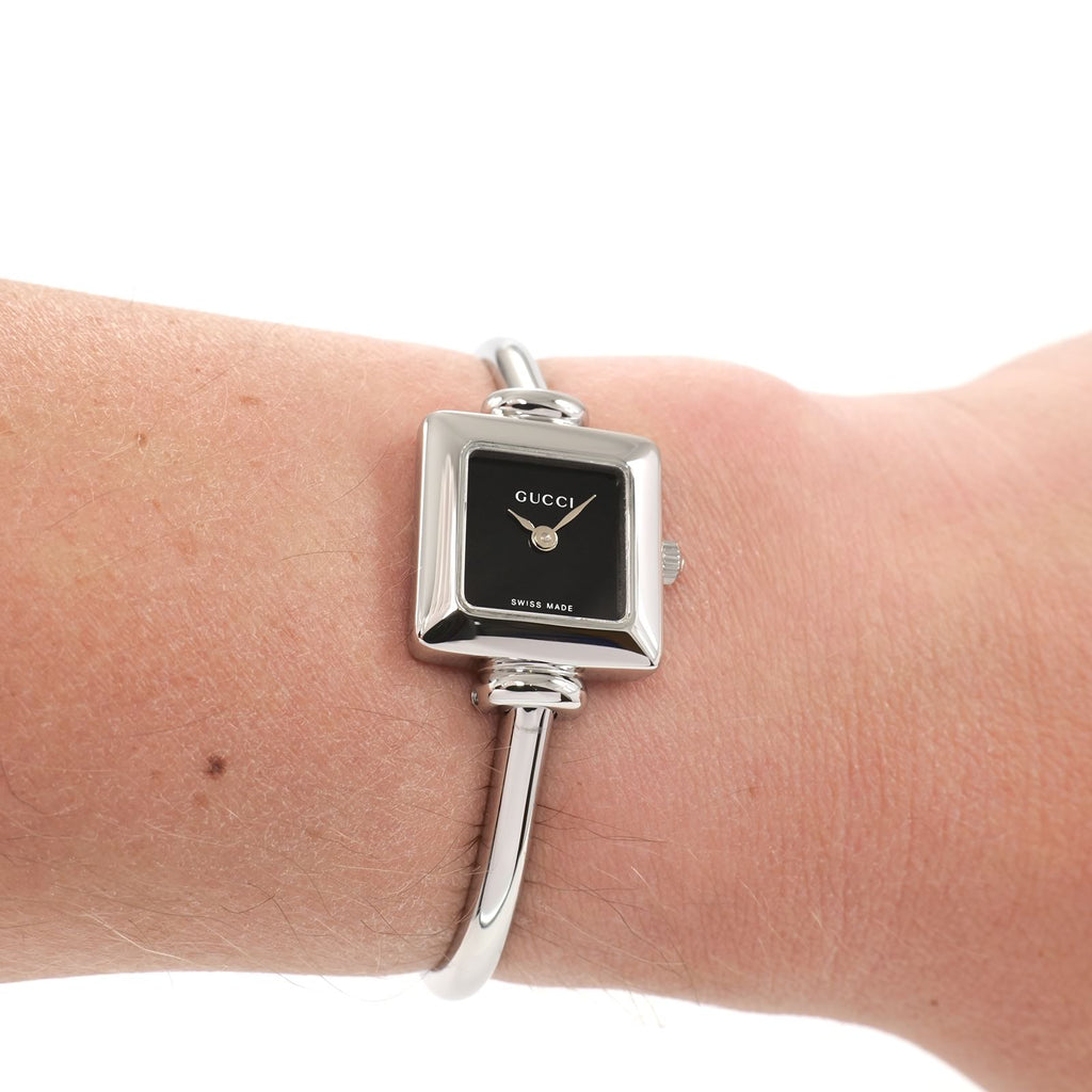 Gucci 1900L Ladies Black Dial Square Bangle Watch on the wrist