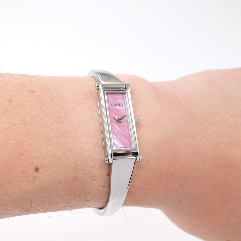 Gucci 1500L Ladies Pink Mother of Pearl Bangle Watch on the wrist