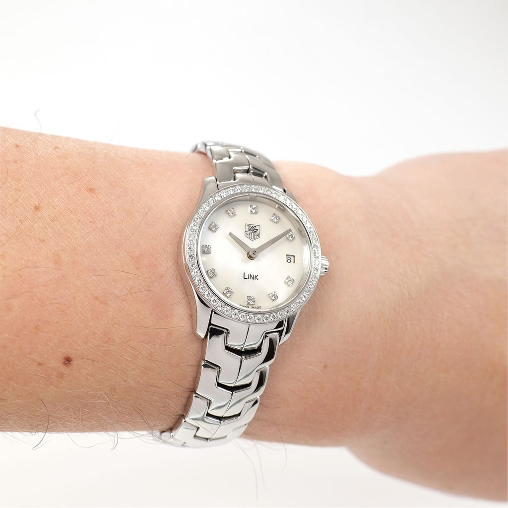 TAG Heuer Link WJF1417 Ladies white Mother of Pearl dial watch on the wrist