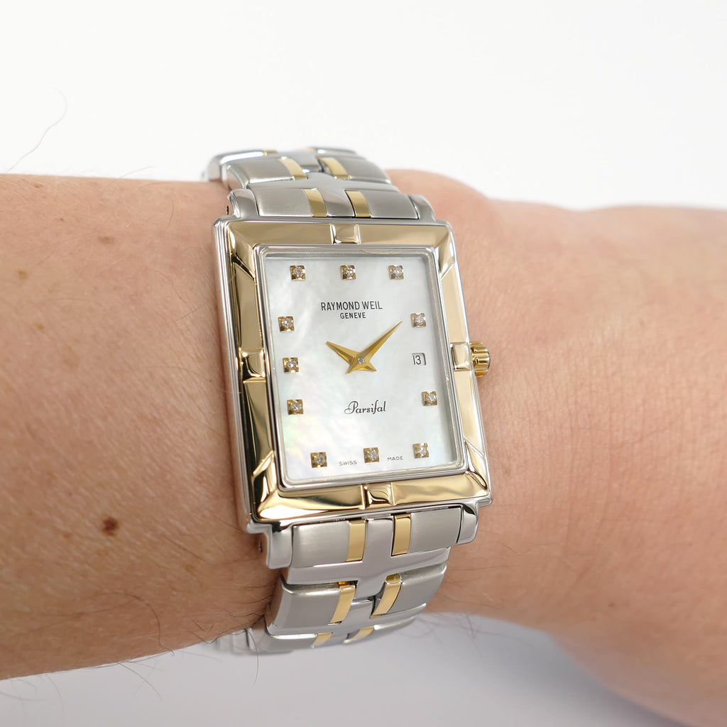 Raymond Weil Parsifal 9330 Rectangular 18k Gold bezel on the wrist
