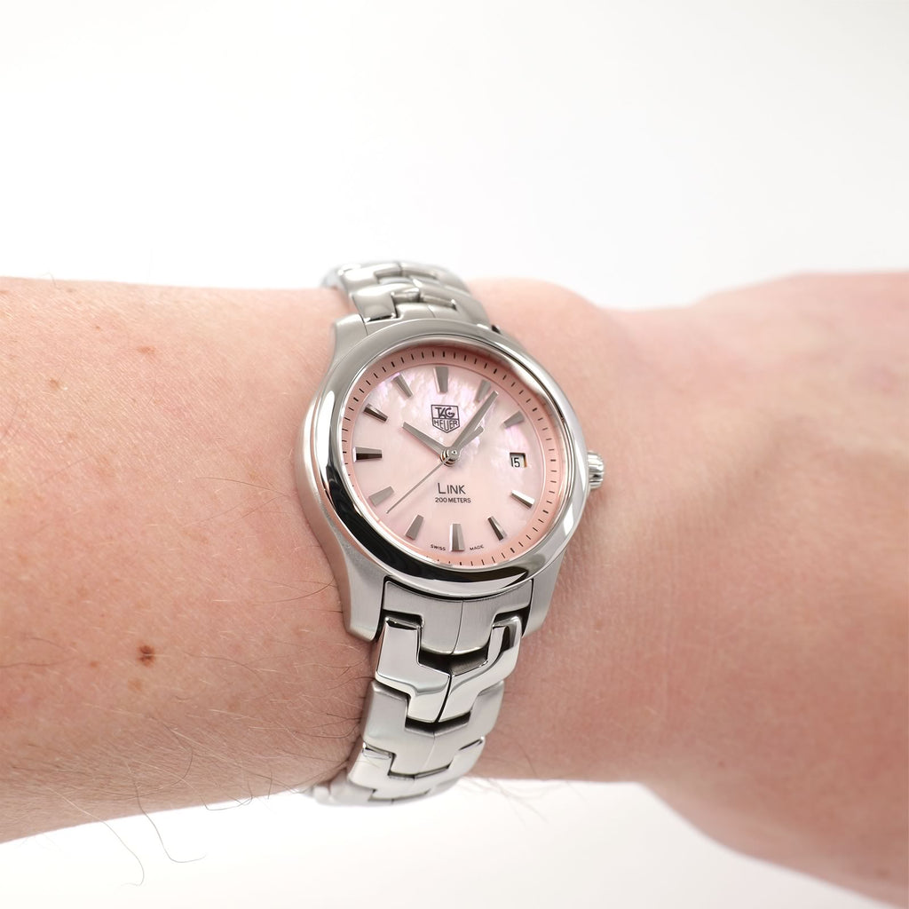 TAG Heuer Link WJF1312 Ladies Pink Mother of Pearl watch on the wrist