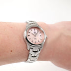 TAG Heuer Link WJF1312 Ladies Pink Mother of Pearl watch on the wrist