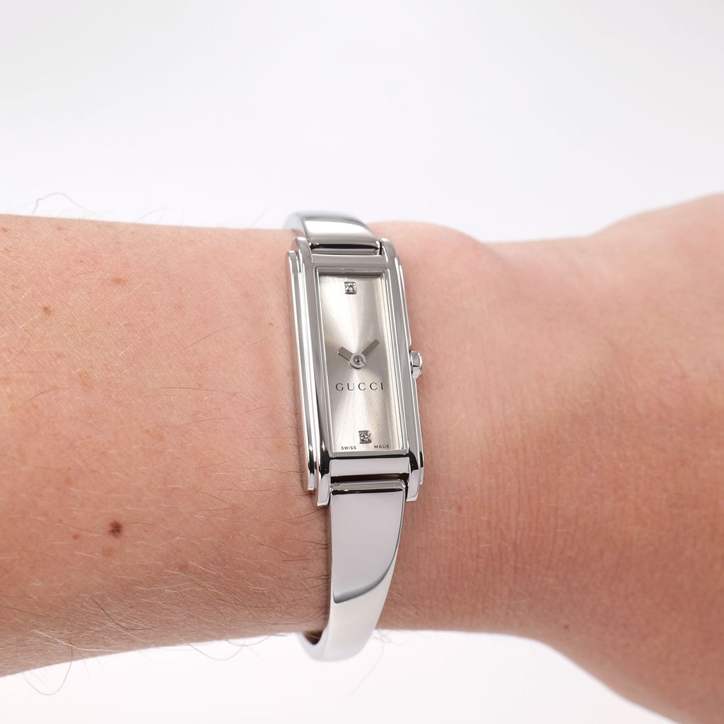Gucci G-Line 109 Ladies Silver Bangle Watch Rectangular on the wrist