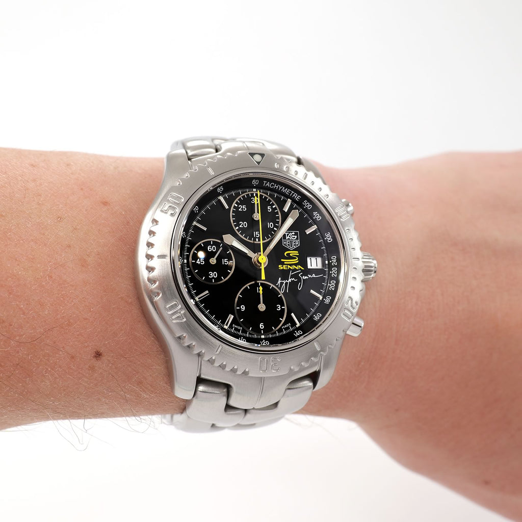 TAG Heuer Link Chronograph CT2115 Men's Black Ayrton Senna Limited Edition watch on the wrist