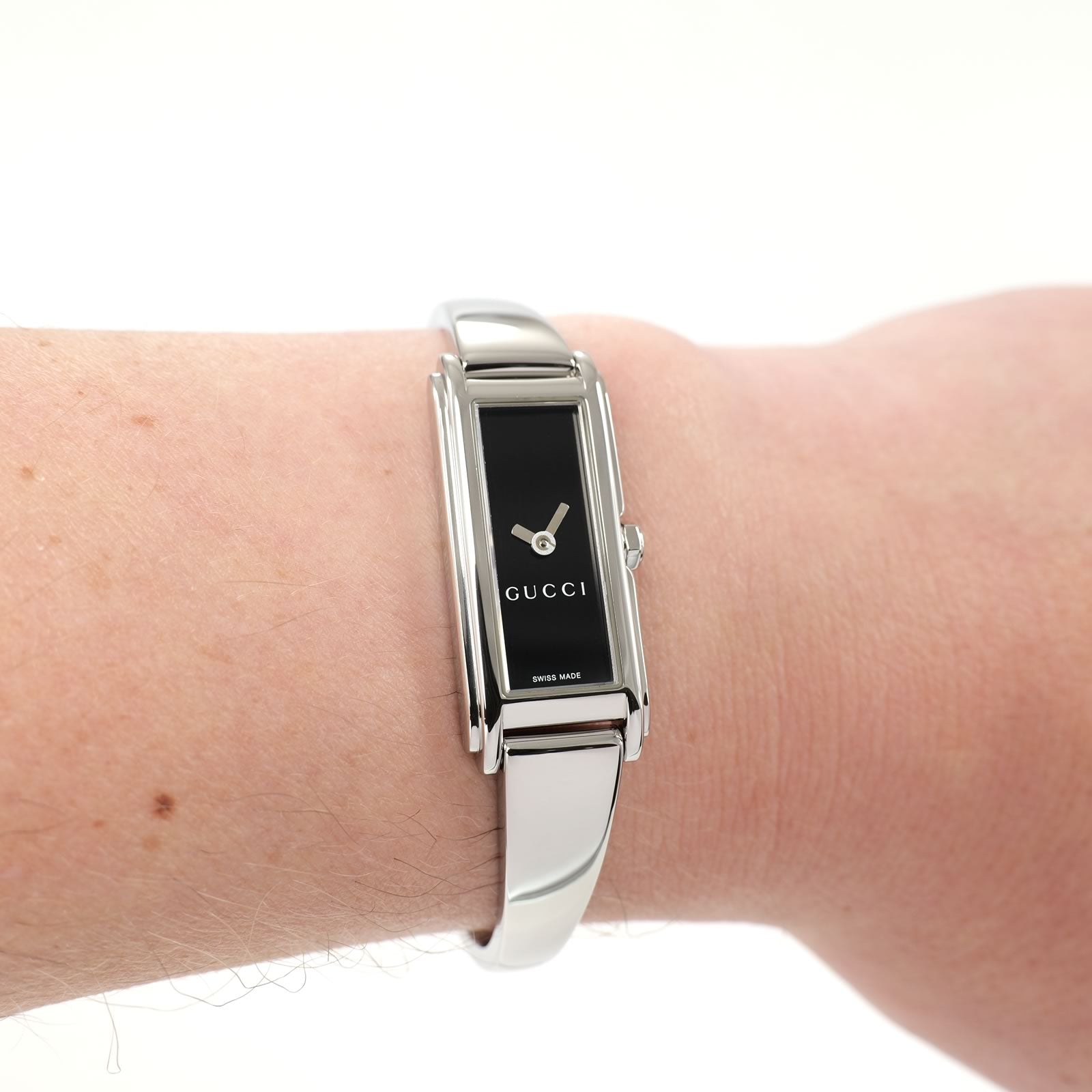 Gucci G-Line 109 Black Dial Bangle Watch on the wrist