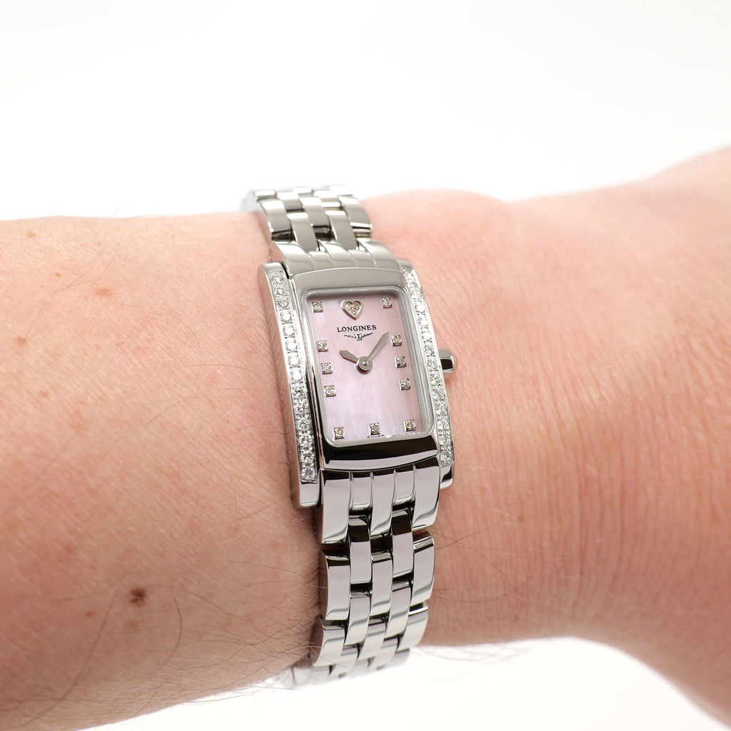 Longines DolceVita L5.158.0 Pink Mother of Pearl ladies watch on the wrist