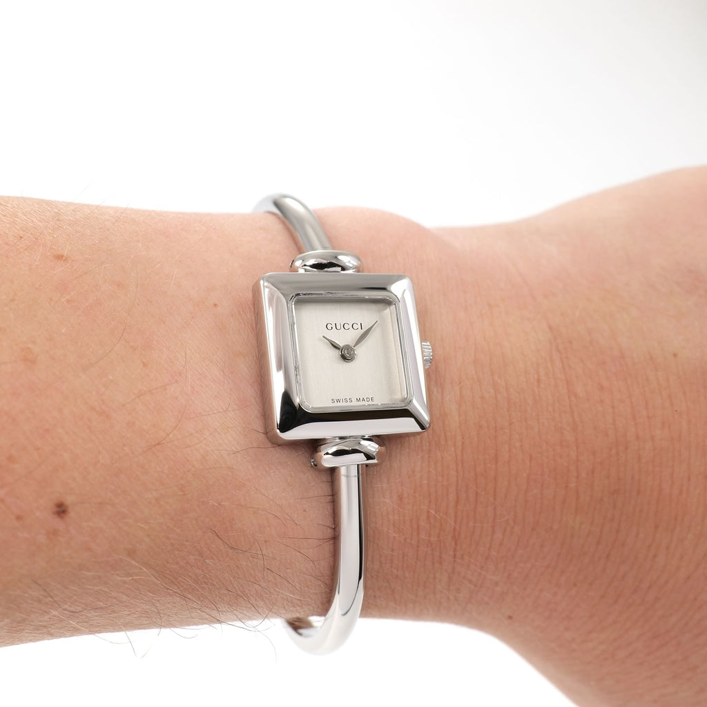 Gucci 1900L Ladies Silver Dial Square Watch on the wrist