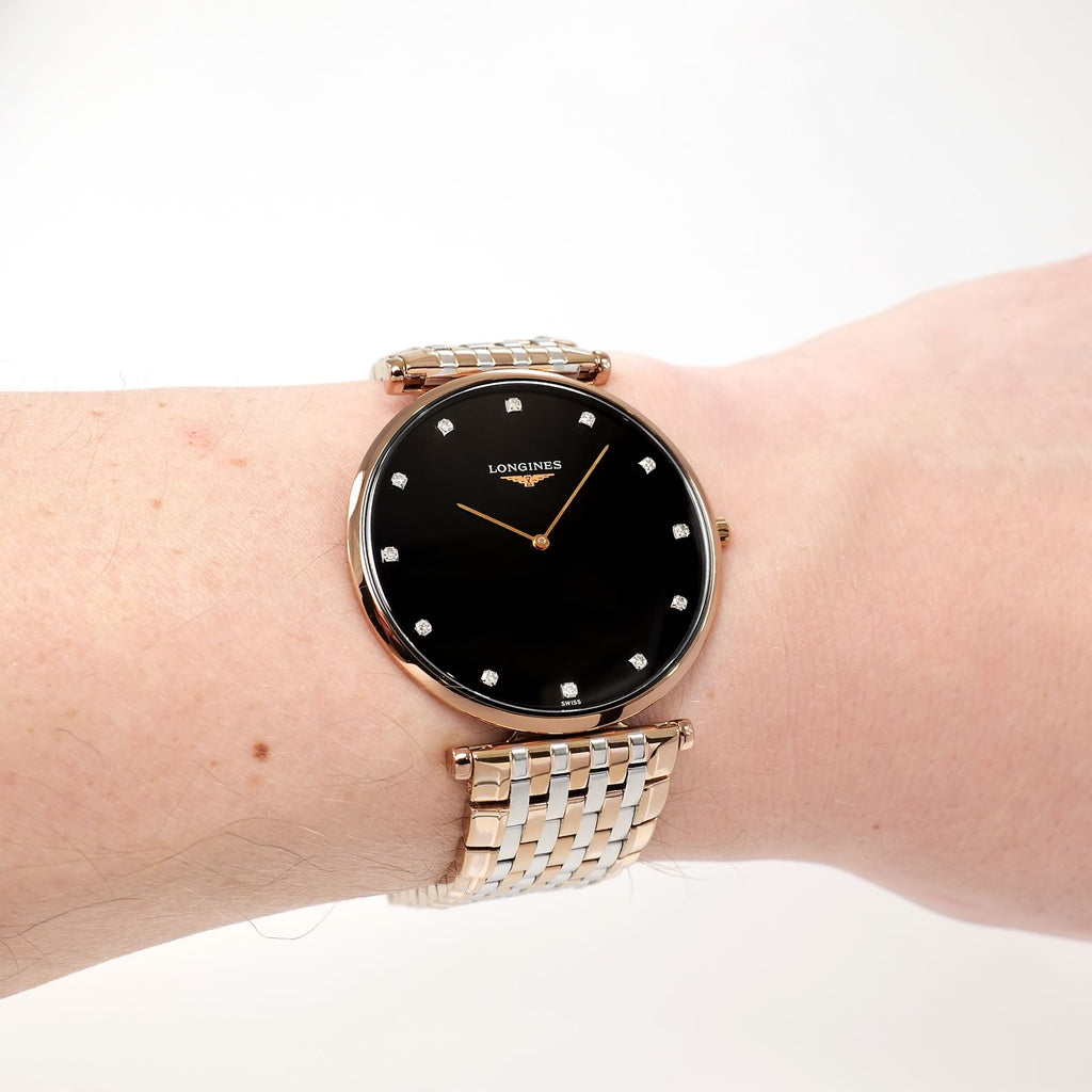 Longines La Grande Classique L4.766.1 Black Diamond Dial Red Gold PVD watch on the wrist