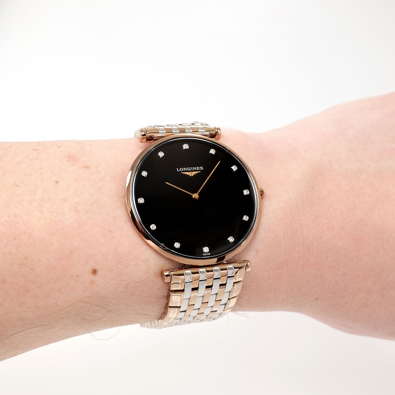 Longines La Grande Classique L4.766.1 Black Diamond Dial Red Gold PVD watch on the wrist