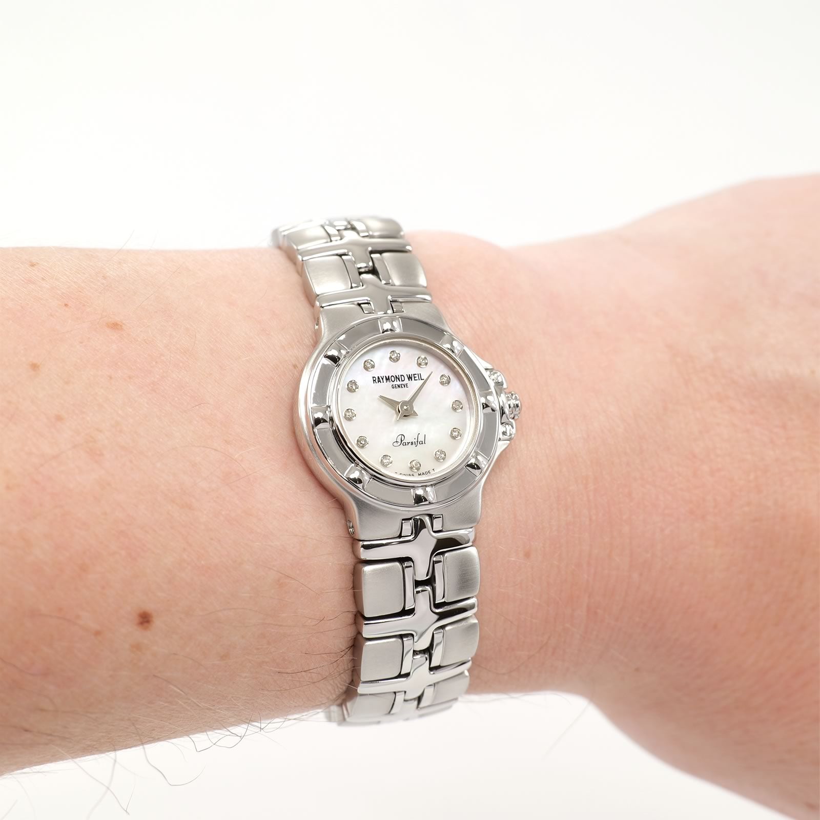 Raymond Weil Parsifal 9691 Ladies White Mother of Pearl watch on the wrist
