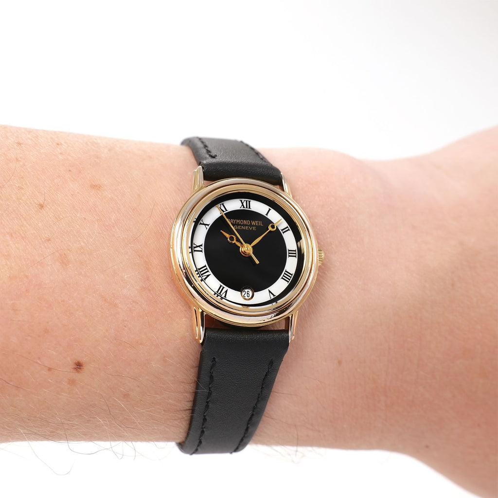 Raymond Weil Geneve 5332 Black & White Dial 18k Gold Plated ladies watch on the wrist