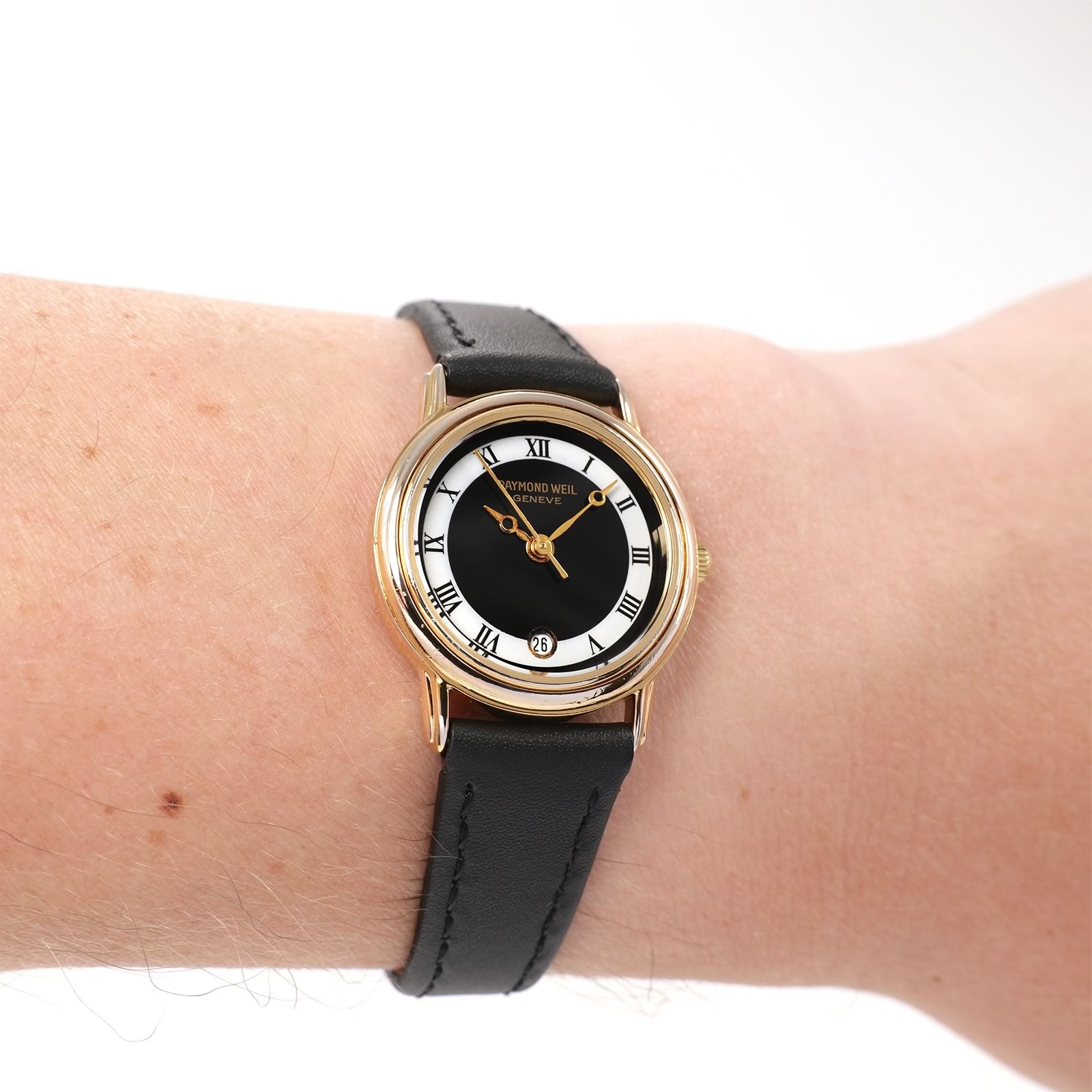 Raymond Weil Geneve 5332 Black & White Dial 18k Gold Plated ladies watch on the wrist