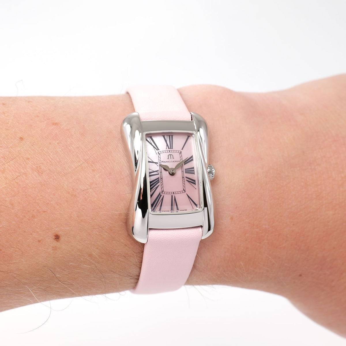Maurice Lacroix Divina DV5011 Ladies Pink Mother of Pearl rectangular watch on the wrist