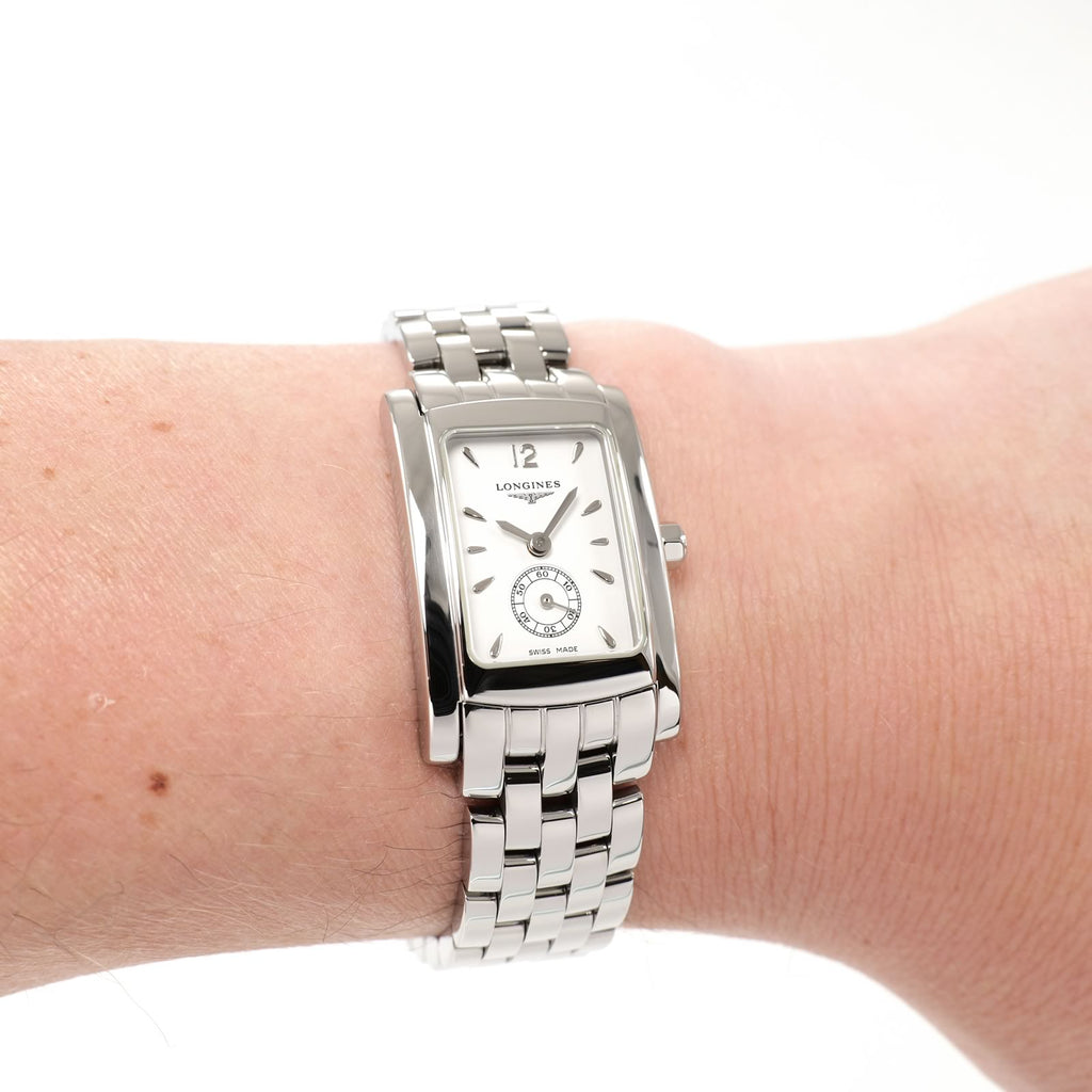 Longines DolceVita L5.155.4 Ladies White Dial Rectangular watch on the wrist