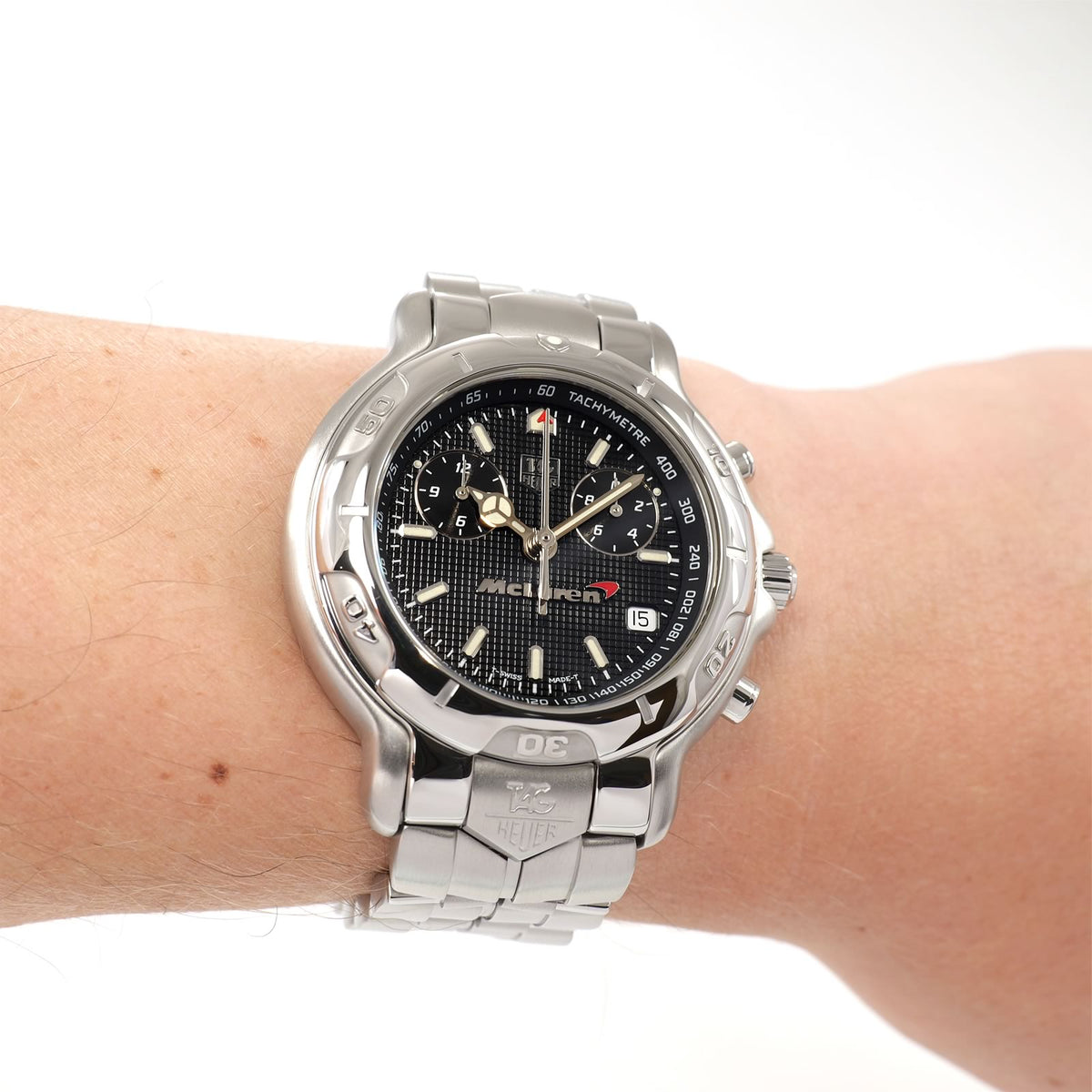 TAG Heuer 6000 Chronograph CH1117 Men's McLaren Limited Edition Black watch on the wrist