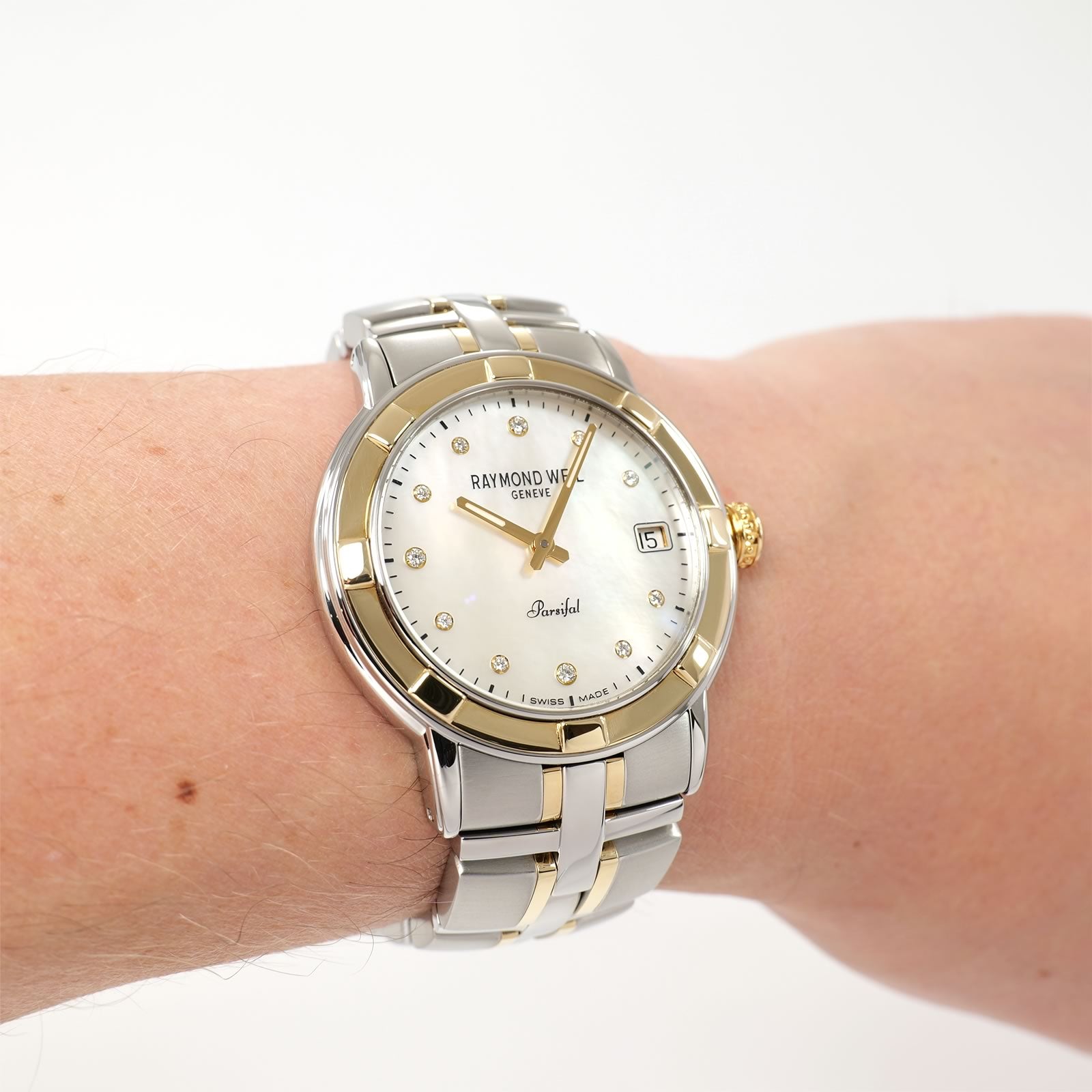 Raymond Weil Parsifal 9540 White Mother of Pearl dial on the wrist