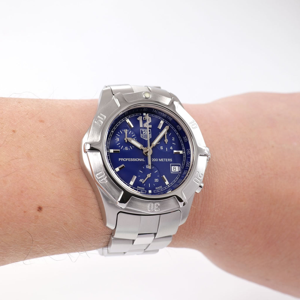 TAG Heuer 2000 Exclusive CN1112 Men's Blue Dial Chronograph watch on the wrist