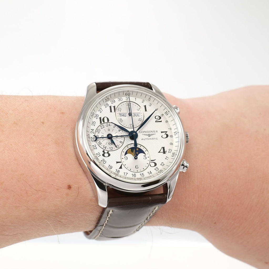 Longines Master Chronograph L2.673.4 Men's Automatic Moonphase silver dial watch on the wrist