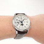 Longines Master Chronograph L2.673.4 Men's Automatic Moonphase silver dial watch on the wrist
