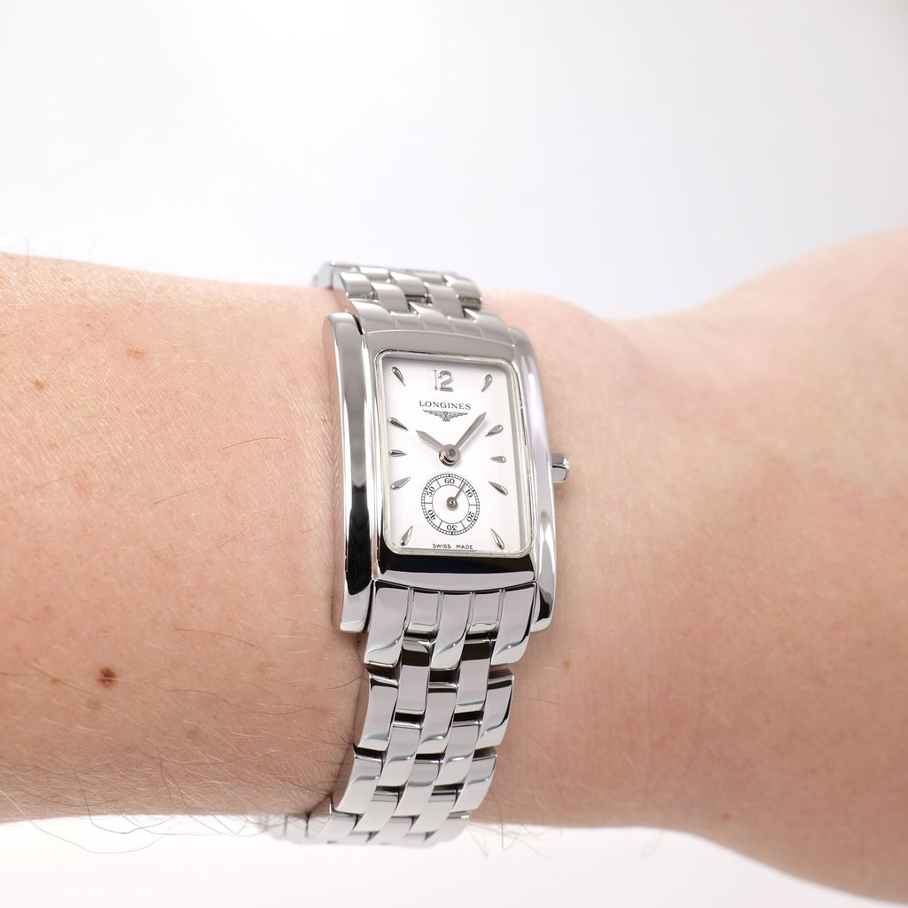 Longines DolceVita L5.155.4 Ladies White Dial watch on the wrist
