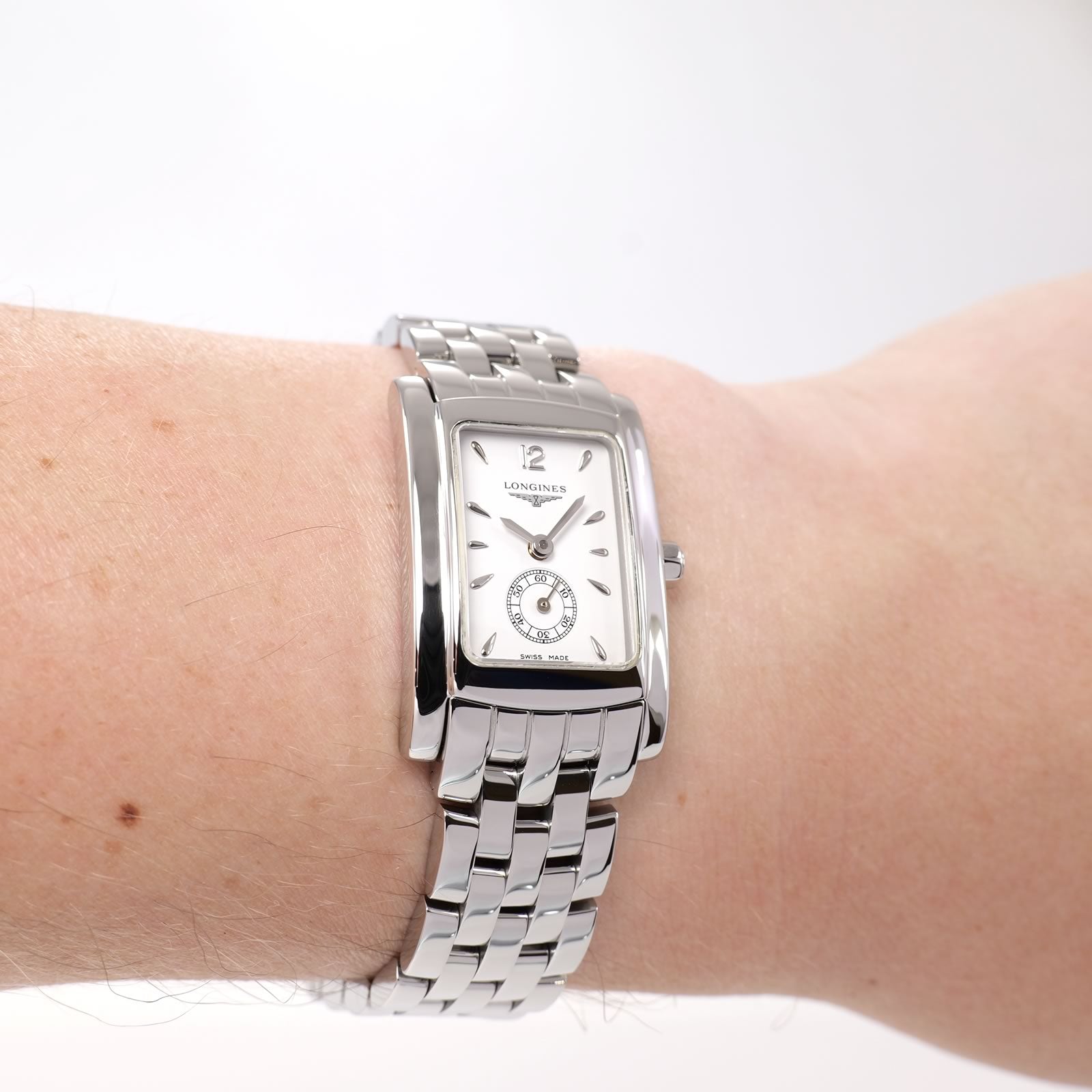 Longines DolceVita L5.155.4 Ladies White Dial watch on the wrist