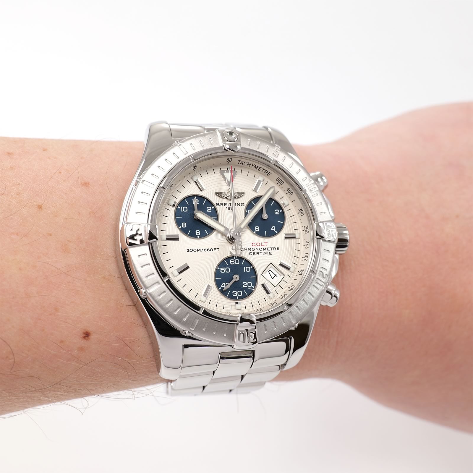 Breitling Colt Chrono A73380 Silver / Blue Chronograph on the wrist