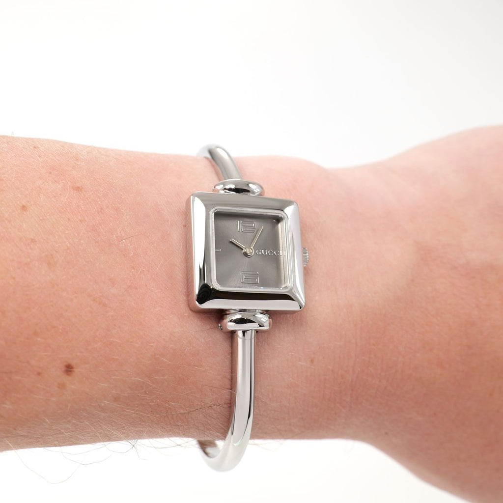 Gucci 1900L Ladies Grey Dial Square Watch on the wrist