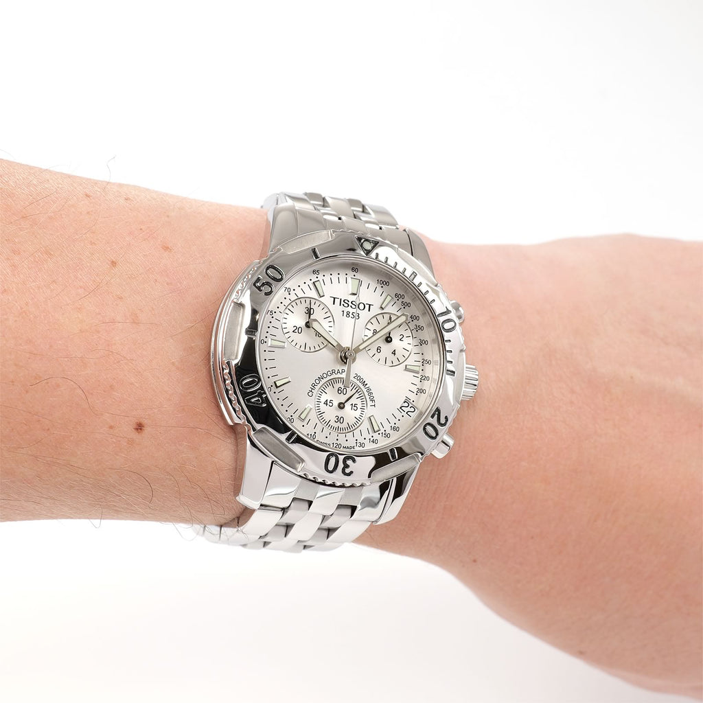 Tissot T-Sport PRS200 Men's Chronograph Silver Dial watch on the wrist