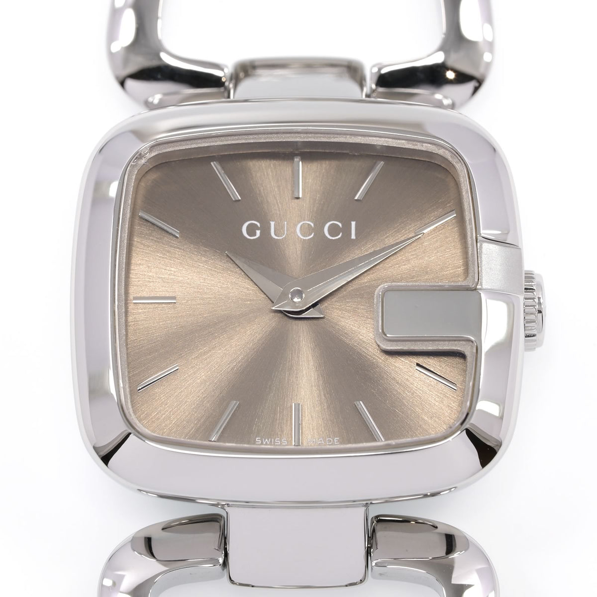Gucci G 125.5 Square Brown Sunburst Brushed Dial close up